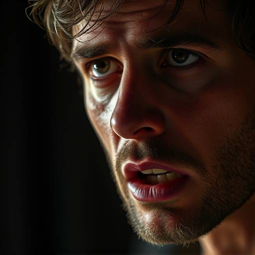 Close-up van een acteur die emotie uitbeeldt tijdens een podiumvoorstelling, met subtiele belichting.