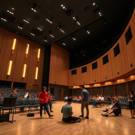 Een gedetailleerde foto van het moderne interieur van De Theateracademie, met studenten die oefenen op de vloer.
