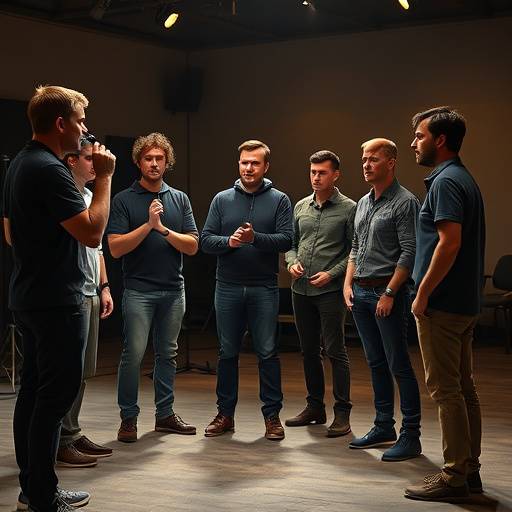 Een groep acteurs die gezamenlijk een scène repeteert.