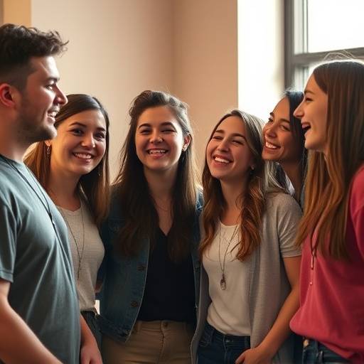 Een groep enthousiaste studenten lachend na een repetitie