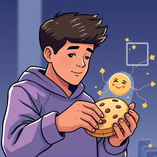 Een illustratie van een persoon die een cookie beheert, met grafische elementen die verbondenheid en transparantie symboliseren.