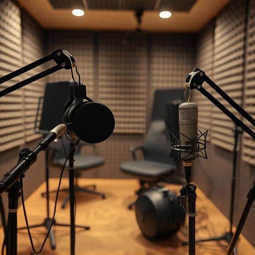 Een studio met microfoons en koptelefoons voor stemopnames