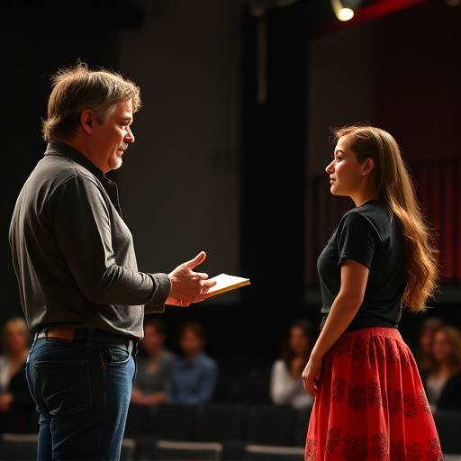 Een theaterdocent geeft instructies aan een student op het podium