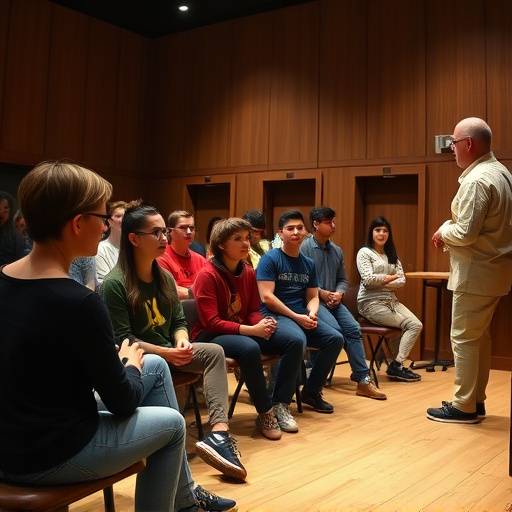 Groep studenten in repetitie in een theaterzaal, geconcentreerd kijkend naar een docent.