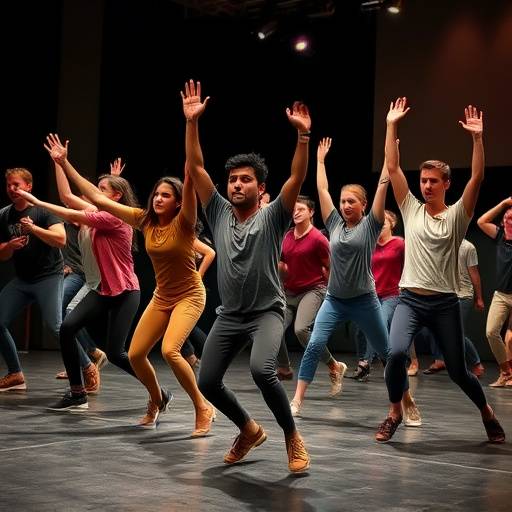 Studenten in beweging tijdens een fysieke theaterworkshop