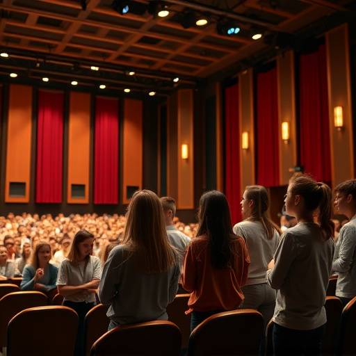 Studenten oefenen op een podium in een theaterzaal.